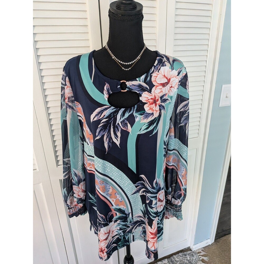 JM Collection Top Women's L Long Sleeve Ruched Cuffs Blouse Artsy Floral Blue